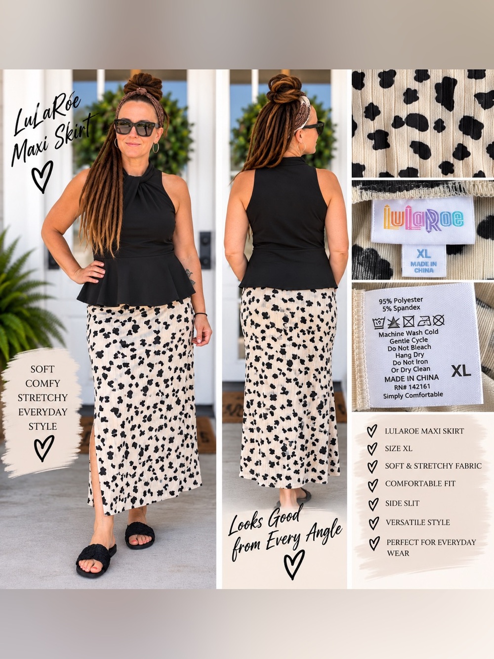 LuLaRoe Beige Maxi Skirt with Black Spot Print